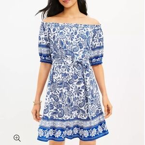 NWT Loft Linen blend  Paisley Ruffle off the Shoulder Dress Blue White Size S